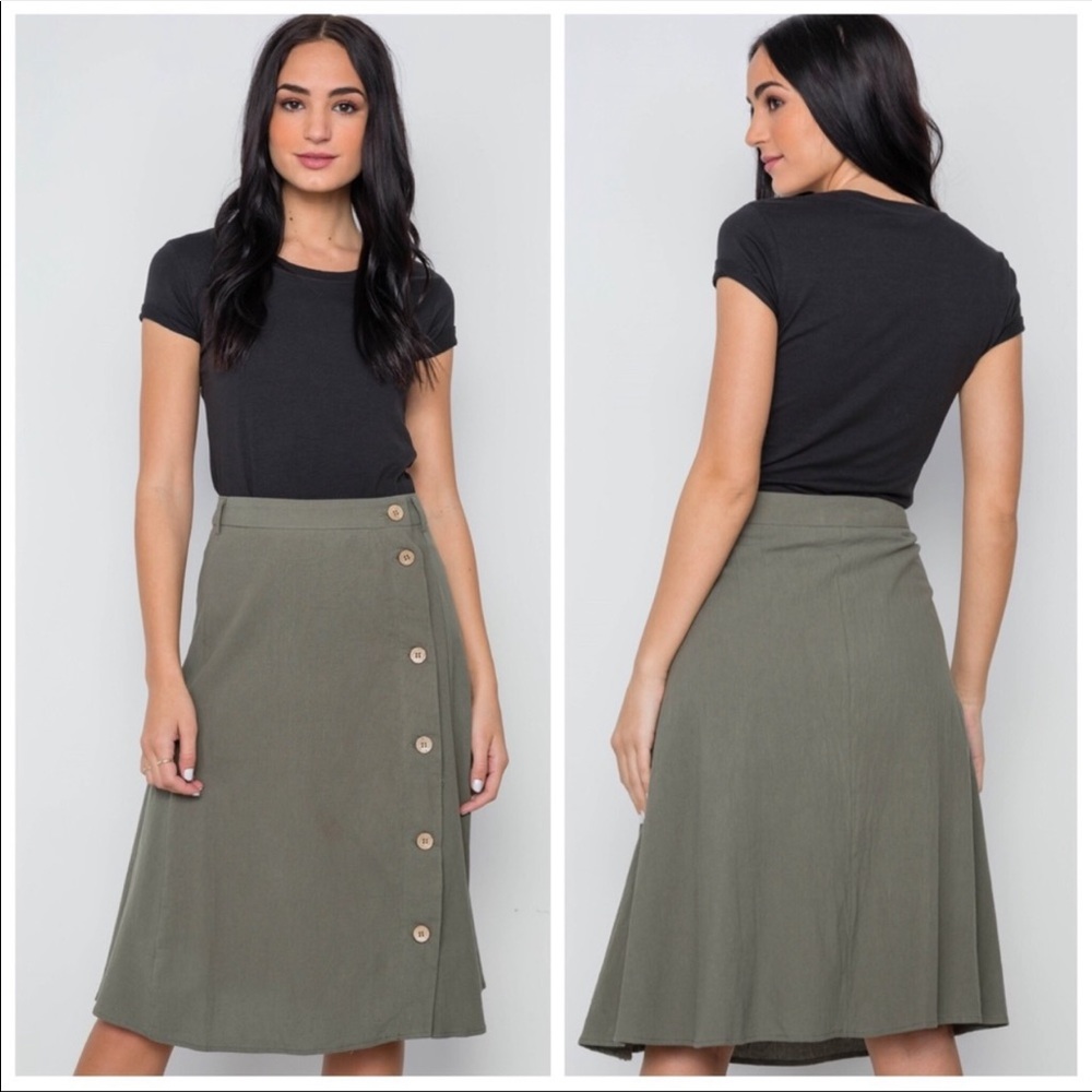 Olive Side Botton Cotton Midi Skirt - Picture 2 of 2